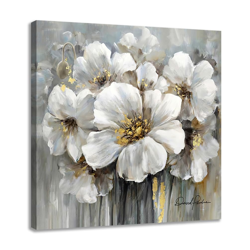 Pintura floral blanca y gris con dorado